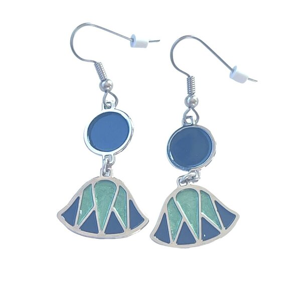 Art Deco Inspired Enamel Drop Earrings Green and Navy Blue Geometric Design for - Picture 1 of 5